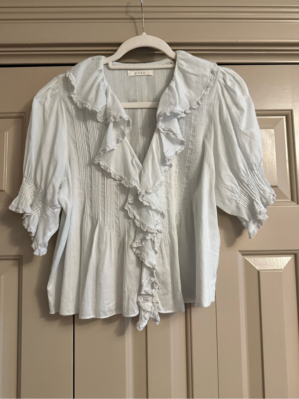 Doen Pale Blue Ruffle-Front Pintuck Blouse